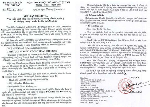 Kết luận thanh tra số 551/KL-UBND, ngày 13/9/2019 của UBND tỉnh Nghệ An chỉ ra hàng loạt sai phạm tại các chung cư trên địa bàn tỉnh