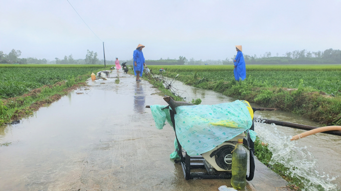 Người dân chuẩn bị xăng dầu, máy bơm để hút nước ra khỏi ruộng dưa hấu. Ảnh: L.K.