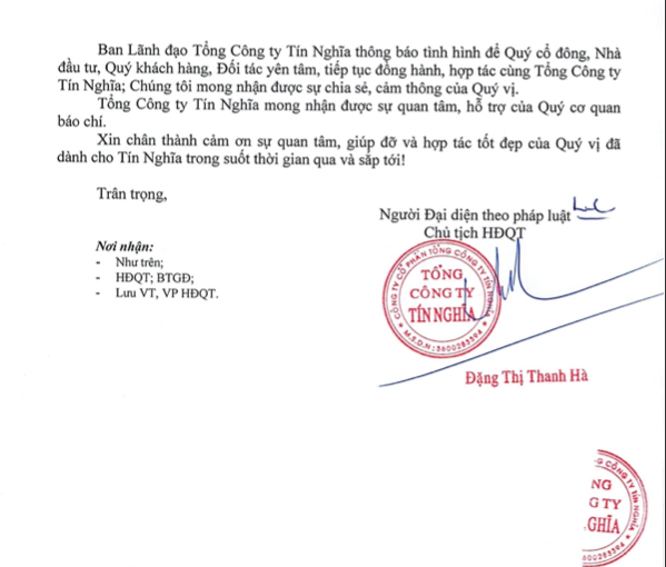 anh-chup-man-hinh-2022-06-22-luc-192939-193525_369.jpeg Tổng công ty Tín Nghĩa ra văn bản ngay sau khi ông Quách Văn Đức bị bắt. Ảnh: Đức Trung.