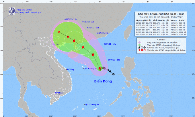 dbqg_xtnd_20220630_1400-145349_785.gif Dự báo hướng di chuyển của bão số 1. Ảnh: NCHMF.
