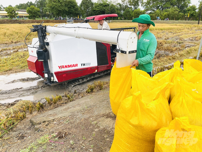 Ứng dụng cơ giới hóa trong khâu thu hoạch góp phần quan trọng trong giảm chi phí sản xuất. Ảnh: Lê Hoàng Vũ.
