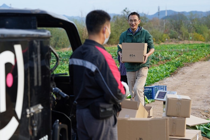 A farmer hands a box of packaged vegetables to a deliveryman in Yixian county, Huangshan city, East China's Anhui province, Nov 24, 2022. Photo: Xinhua