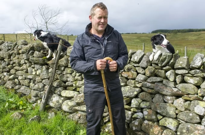 James Rebanks, author and shepherd, with his border collies Tan and Floss at Racy Ghyll Farm, Troutbeck, near Penrith in Cumbria