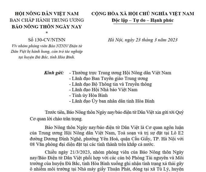 Công văn hoả tốc của Báo NTNN. Ảnh: NTNN.