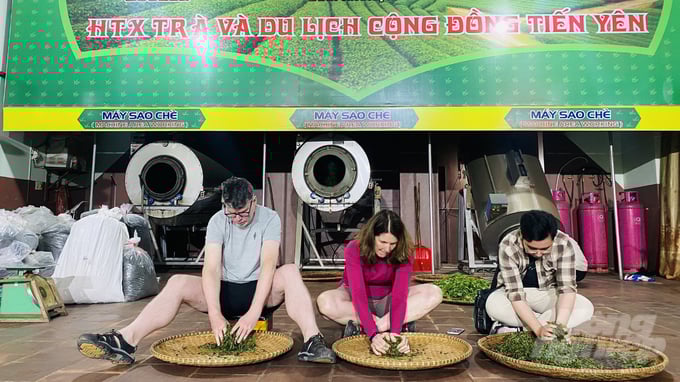 Du khách thích thú được trải nghiệm làm chè tại vùng chè Tân Cương. Ảnh: Toán Nguyễn.