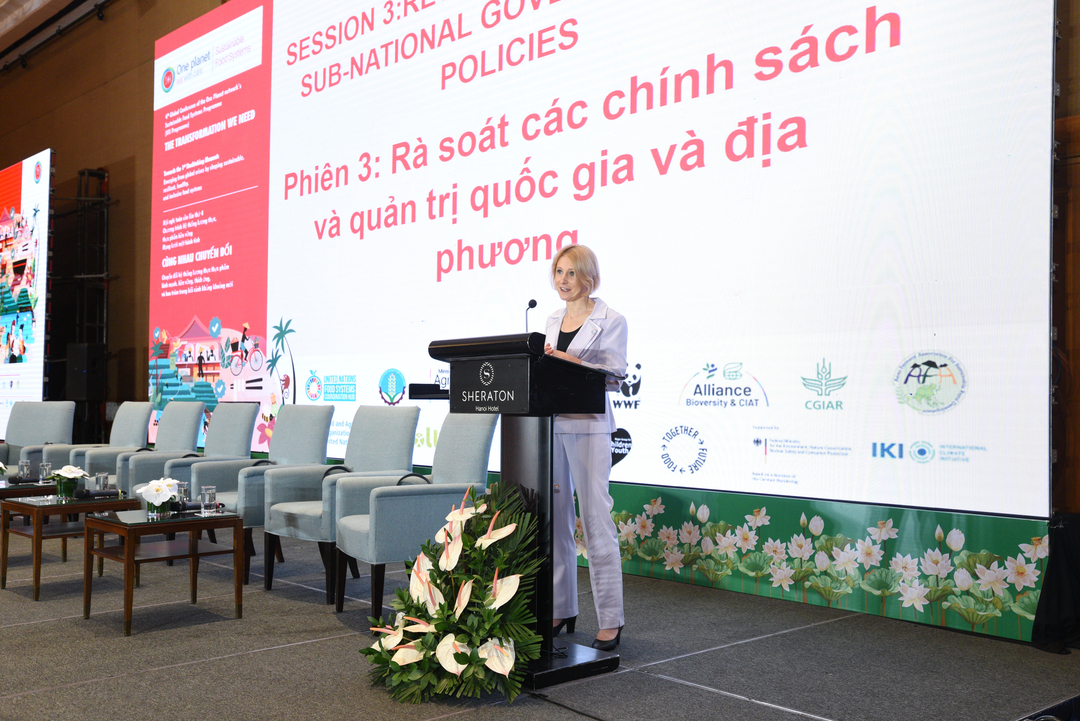 phien-3-1-171512_765.jpg Bà Corinna Hawkes phát biểu đề dẫn phiên thảo luận thứ 3 của Hội nghị toàn cầu. Ảnh: Tùng Đinh.