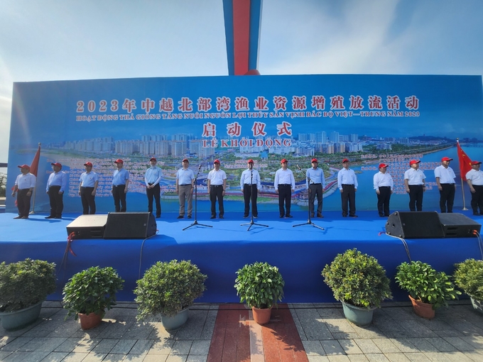 Lễ thả giống tái tạo nguồn lợi thủy sản trong Vịnh Bắc Bộ diễn ra tại TP Đông Hưng (Trung Quốc). Ảnh: VPĐB.