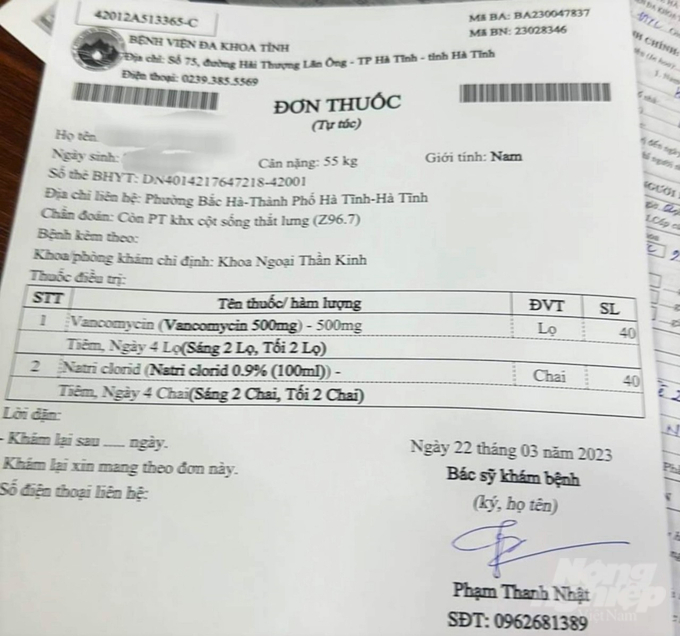 bv3-173923_358.jpg Trường hợp anh T.Q.H dù có BHYT nhưng ngay cả những loại thuốc nằm trong danh mục bảo hiểm chi trả cũng phải đi mua ngoài, với số tiền lên đến hơn 11 triệu đồng. Ảnh: Thanh Nga.
