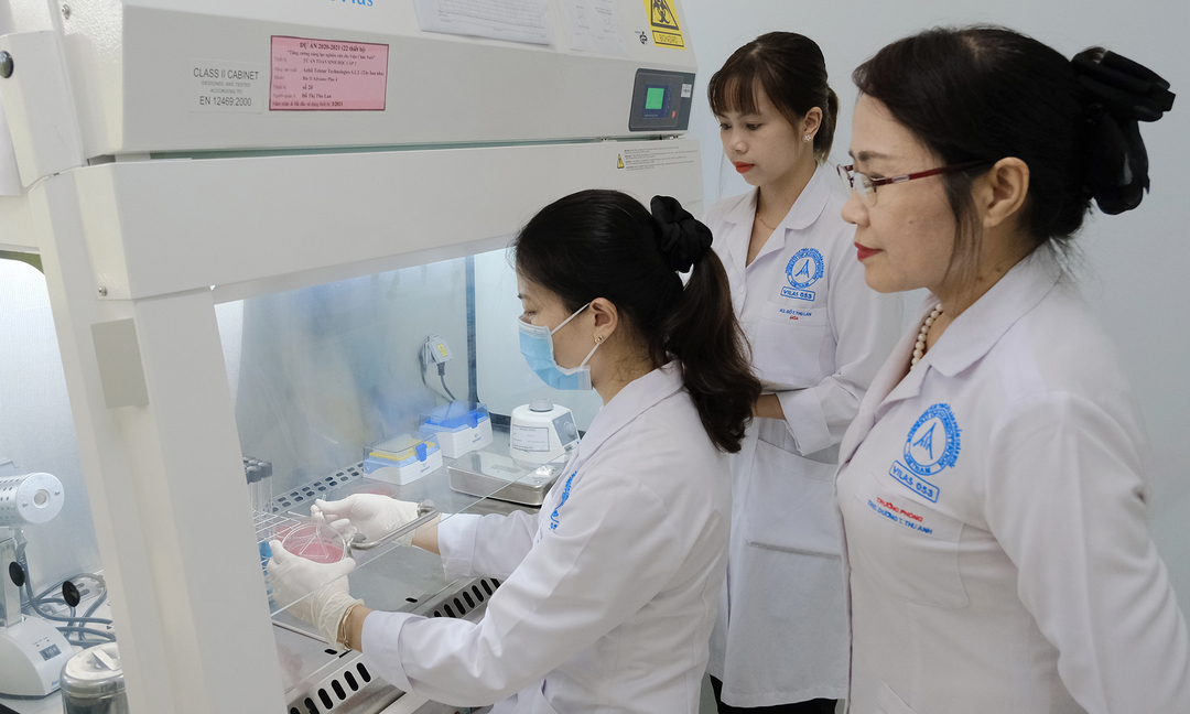 co-che-doanh-nghiep-070348_218.jpg Trưởng phòng Phân tích thức ăn và Sản phẩm chăn nuôi Dương Thị Thu Anh giám sát quá trình cấy mẫu vi sinh. Ảnh: Bảo Thắng.