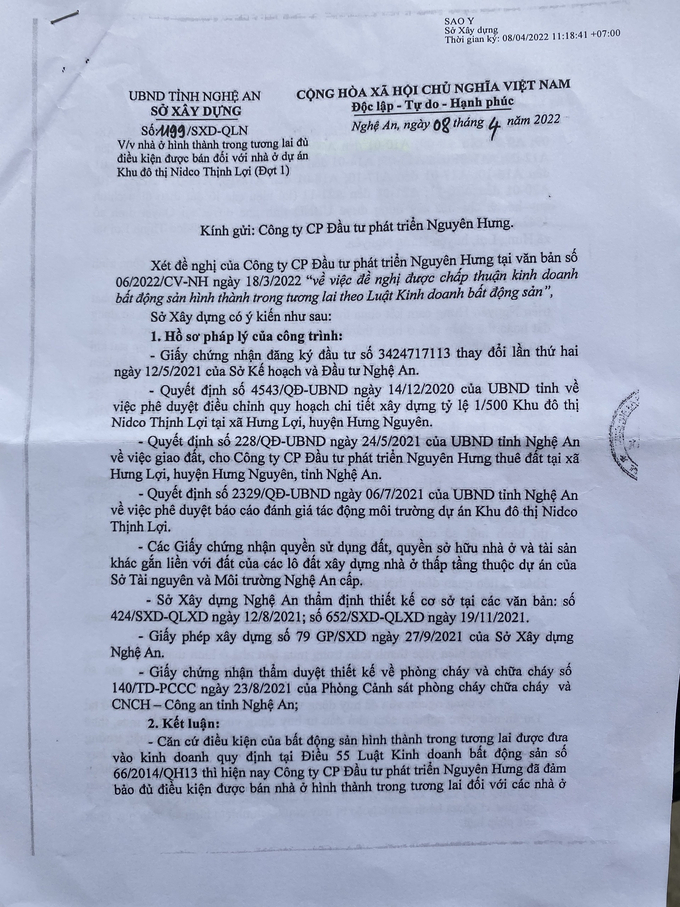 z4315534083667_f3fdf8347e58822ea3272205718ad000-133422_312.jpg Văn bản số 1199/SXD-QLN của Sở Xây dựng tỉnh Nghệ An công bố ngày 8/4/2022 cho biết dự án đã đủ điều kiện mở bán nhà ở hình thành trong tương lai, nhưng MBHomes đã huy động vốn từ cuối năm 2021.