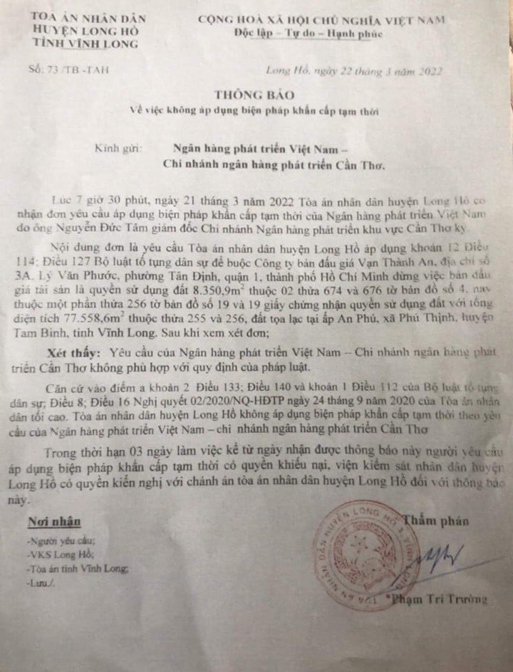 so-tai-nguyen-va-moi-truong-vinh-long-vong-vo-ne-tranh-trach-nhiem-100523_988.jpg Tòa án Nhân dân huyện Long Hồ thông báo không áp dụng biện pháp khẩn cấp tạm thời vì không phù hợp với quy định của pháp luật.