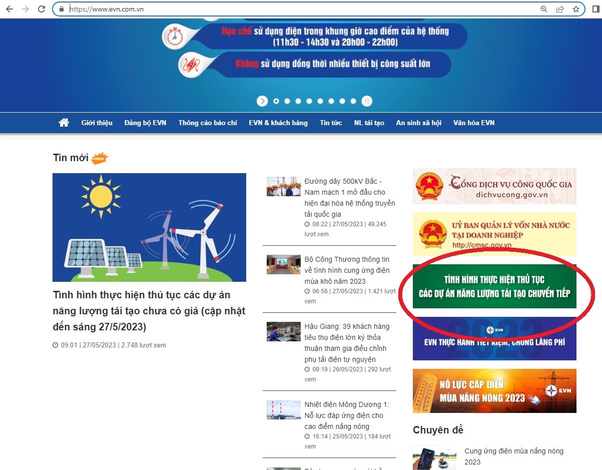 Website của EVN có chuyên mục liên tục cập nhật tình hình thực hiện các dự án năng lượng tái tạo chuyển tiếp.