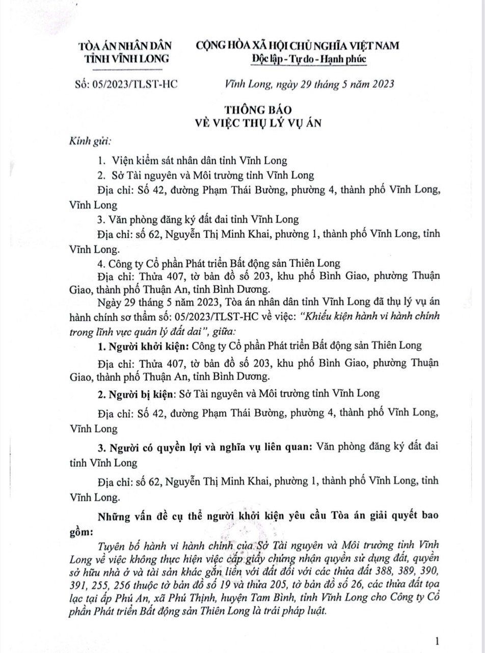 thu-ly-124148_61.jpg Thông báo thụ lý vụ án Công ty Thiên Long khởi kiện Sở Tài nguyên và Môi trường Vĩnh Long.