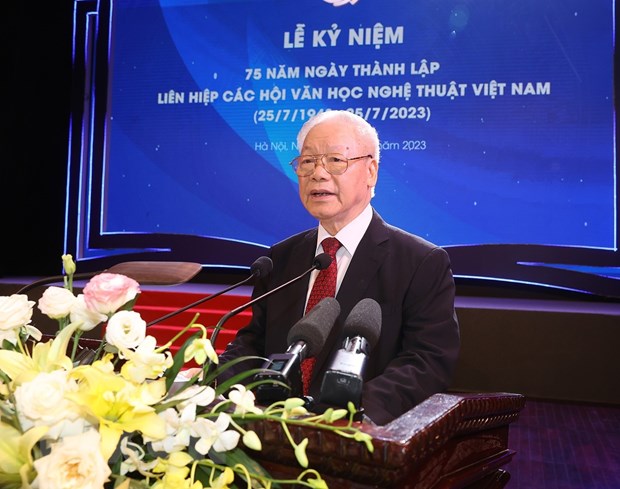 ttxvn_tong_bi_thu__vhnt-142307_232.jpg Tổng Bí thư Nguyễn Phú Trọng phát biểu tại lễ kỷ niệm. Ảnh: Trí Dũng/TTXVN.