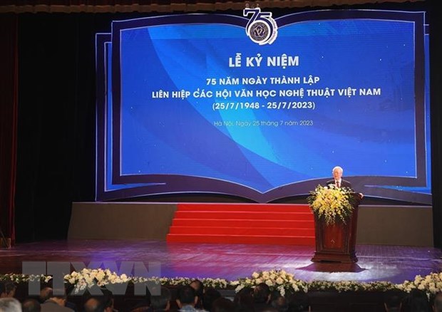 ttxvn_tong_bi_thu__vhnt4-142307_690.jpg Tổng Bí thư Nguyễn Phú Trọng phát biểu tại lễ kỷ niệm. Ảnh: Trí Dũng/TTXVN.