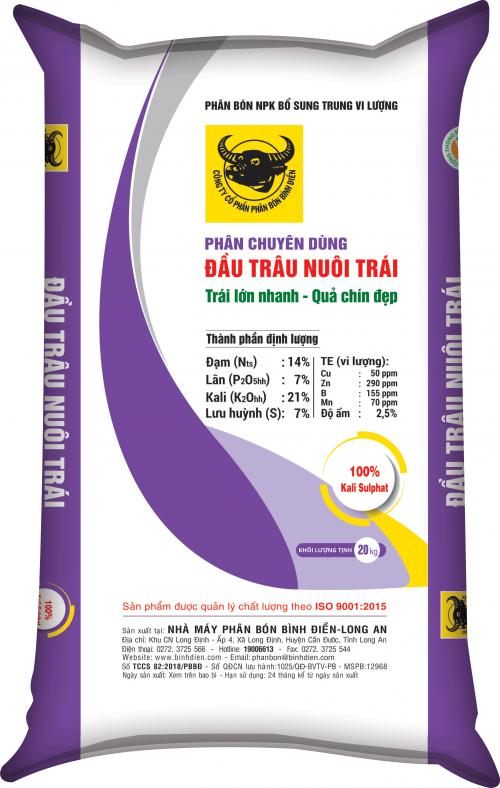 Phân chuyên dùng Đầu Trâu nuôi trái, có đến 21% K2O và 7% lưu huỳnh bón cho cây ăn trái nói chung và cho sầu riêng ở giai đoạn trái đang phát triển.