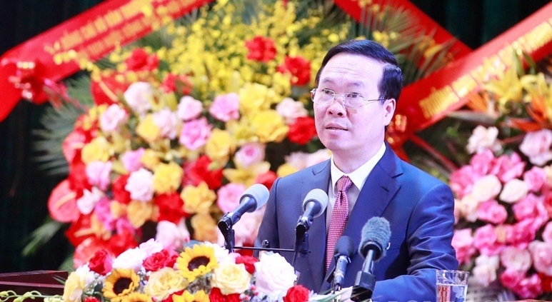 z4719150753939-2bc312e4a42e3f16eb980df6389d33f6-7456-164910_505.jpg Chủ tịch nước Võ Văn Thưởng phát biểu tại lễ kỷ niệm 65 năm Bác Hồ thăm Lào Cai. Ảnh: P.B.