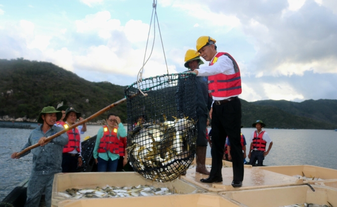 Thứ trưởng Phùng Đức Tiến thăm mô hình nuôi biển công nghiệp tại Khánh Hòa. Ảnh: KS.