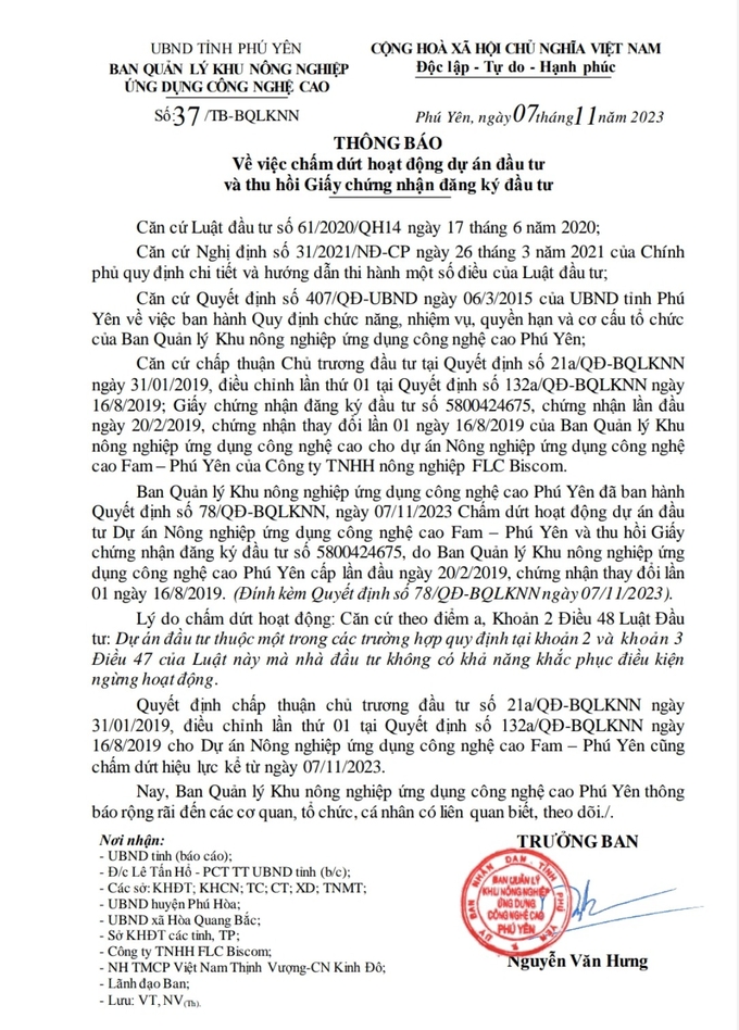 cham-dut-du-an-nong-nghiep-ung-dung-cong-nghe-cao-fam--phu-yen-164911_707.jpg Dự án của Công ty TNHH Nông nghiệp FLC Biscom chấm dứt hoạt động. Ảnh: KS.