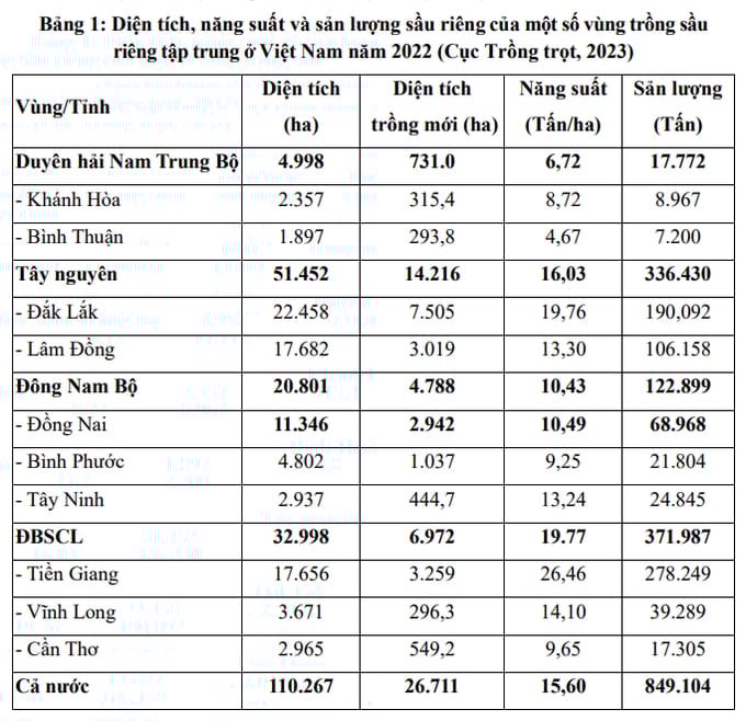 Statistics on production area, productivity, and yield across several major durian production areas in Vietnam in 2022, as provided by the Department of Crop Production under the Ministry of Agriculture and Rural Development. Photo: Kim Anh.