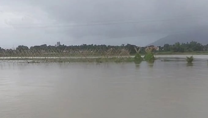 Mưa lớn cộng với nước thượng nguồn đổ về khiến thôn Bình Trị, xã Ninh Bình bị chia cắt. Ảnh: Thành Long.