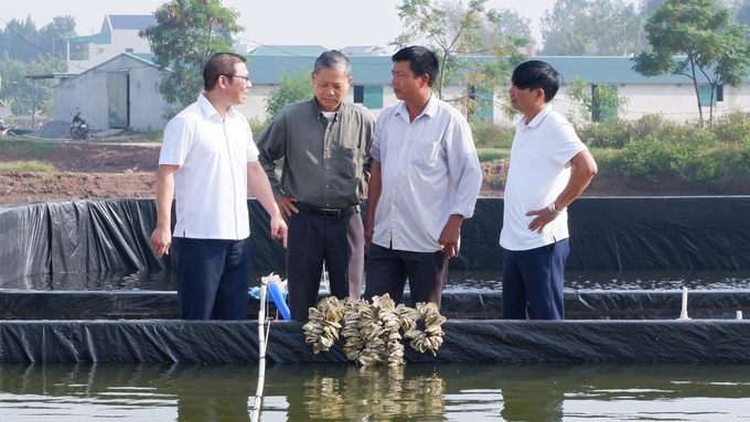 z4898088447836_066e82713415cb5cb78c396f5a936f9d-145915_210.jpg Lãnh đạo Sở NN-PTNT Ninh Bình kiểm tra tại một hộ nuôi hàu giống tại địa bàn xã Kim Trung, huyện Kim Sơn, tỉnh Ninh Bình. Ảnh: Huy Bình.