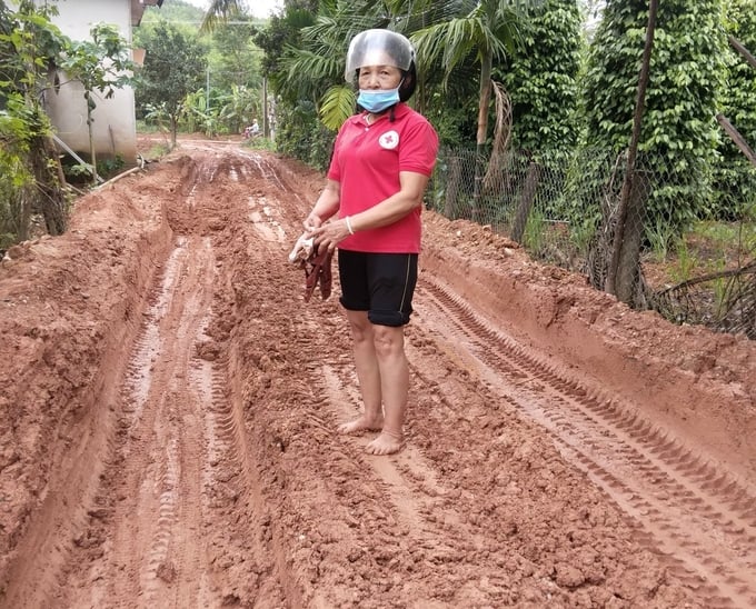 2-101018_602.jpg Chị Võ Thị Liên, cán bộ hưu trí, thành viên của CLB Người tình nguyện vật vã với chiếc xe máy trên con đường đất 'nhão như cháo' đi trao gạo định kỳ chị Nguyễn Thị Mai ở xã Ân Thạnh. Ảnh: V.Đ.T.