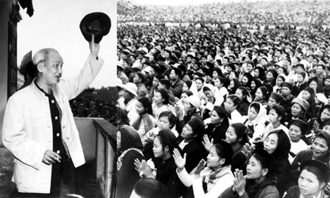 chu-tich-quoc-hoi-vuong-dinh-hue-dang-huong-tuong-niem-chu-tich-ho-chi-minh-235353_150.jpg Bác Hồ nói chuyện với cán bộ và nhân dân Thái Nguyên tại Sân vận động Thái Nguyên ngày 1/1/1964. Ảnh: Tư liệu.