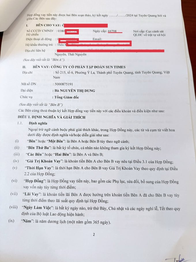 hd-140519_606.jpg Hợp đồng vay tiền của Công ty Cổ phần Tập đoàn Sun Times. Ảnh: PV.