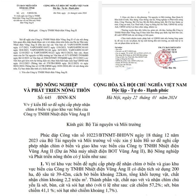 20240201_134149-135104_939.jpg Văn bản của UBND tỉnh Hà Tĩnh và Bộ NN-PTNT xung quanh đề xuất nhận chìm chất thải nạo vét của Công ty Nhiệt điện Vũng Áng II. Ảnh: Hưng Phúc.