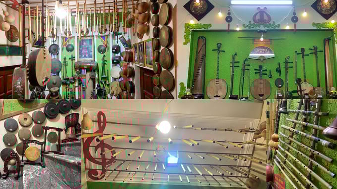 Căn nhà của anh Tiến được lấp đầy bởi đa dạng các loại nhạc cụ do chính anh sưu tầm. Ảnh: Minh Toàn.