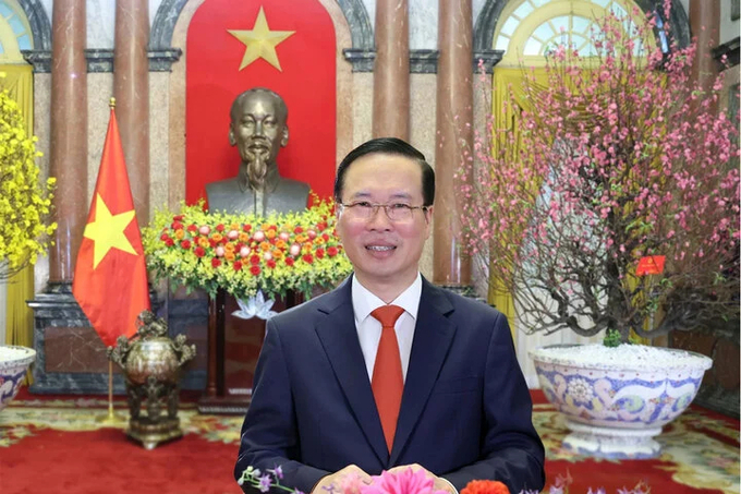Chủ tịch nước Võ Văn Thưởng gửi lời chúc Tết tới toàn thể đồng bào, chiến sĩ cả nước và đồng bào ta ở nước ngoài nhân dịp năm mới Giáp Thìn 2024. Ảnh: TTXVN.