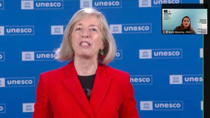 Bà Stefania Giannini, Trợ lý Tổng Giám đốc UNESCO về Giáo dục, phát biểu khai mạc tại Lễ công bố các thành viên mới của Mạng lưới Thành phố học tập toàn cầu.