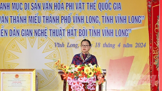 pct-vinh-long-143724_208-143724.jpg Phó Chủ tịch UBND tỉnh Vĩnh Long cho biết di sản văn hóa phi vật thể quốc gia trở thành động lực và nguồn lực quan trọng để phát triển kinh tế - xã hội để phát triển tỉnh nhà. Ảnh: Bá Dũng.