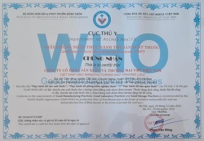 VMC Vietnam Company was granted a Certificate of Good Manufacturing Practices from the Department of Animal Health (Ministry of Agriculture and Rural Development) in 2016.