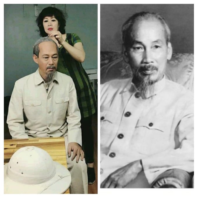 z5445500985905_0259ad2449aa95cbbb149080b0f5c8b9-103831_199.jpg Chị Đạm Thủy hóa trang cho chồng là nghệ sĩ Tiến Hợi để đóng vai Bác Hồ. Ảnh: Tư liệu gia đình.