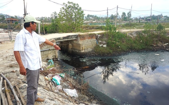 1-095303_868.jpg Anh Thái Văn Đá, người dân ở xã Cát Khánh (huyện Phù Cát, Bình Định) cho biết nước thải của hoạt động sơ chế mực xà làm đảo lộn cuộc sống người dân. Ảnh: V.Đ.T.