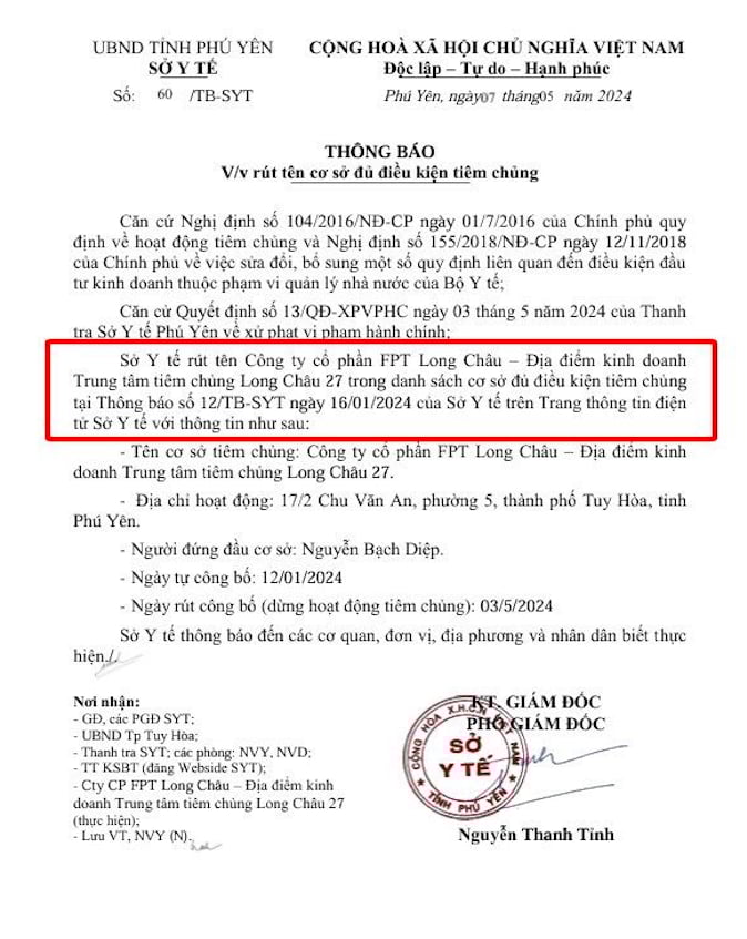 anh-chup-man-hinh-2024-07-08-luc-154742-154917_102.jpeg Sở Y tế tỉnh Phú Yên ra quyết định rút tên cơ sở đủ điều kiện tiêm chủng của Công ty cổ phần FPT Long Châu có điểm kinh doanh tại Phú Yên. Ảnh: Đức Trung.