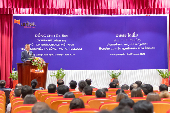 ctn-tha-m-unitel-anh-1-213035_858.jpg Chủ tịch nước Tô Lâm phát biểu nhân chuyến thăm và làm việc tại Công ty Star Telecom - Công ty liên doanh của Viettel tại Lào (Unitel). Ảnh: Đức Thọ.