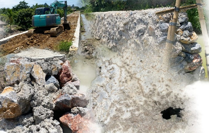 Dự án 'Đường phát triển du lịch dịch vụ từ đường 425 đến bến đò Tuyết Sơn, chùa Hương, xã Hương Sơn' được thi công, chưa nghiệm thu đưa vào sử dụng nhưng đã xuất hiện nhiều vết nứt, bong tróc tại hạng mục kè đá hộc.