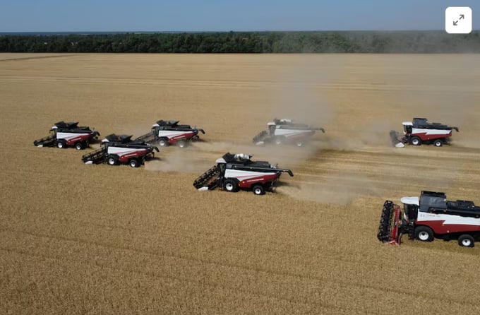 A drone view shows combines harvesting wheat in a field in the Rostov Region, Russia July 9, 2024.