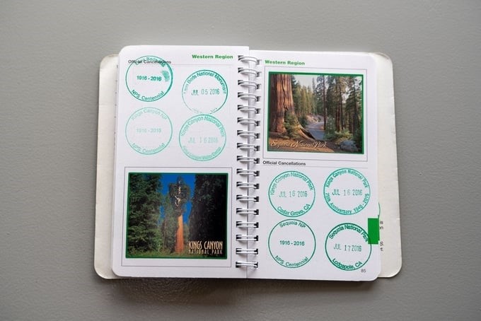 Two pages filled with stamps in an American's National Park Passport.