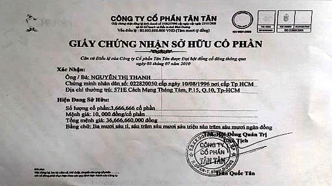 ba-nguyen-thi-thanh-nhan-chuyen-nhuong-hon-36-trieu-co-phan-tuong-duong-hon-36-ty-dong-von-so-huu-cong-ty-tan-tan-163423_67.jpg Bà Nguyễn Thị Thanh hiện sở hữu hơn 3,6 triệu cổ phần, tương đương hơn 36 tỷ đồng, chiếm 45,83% vốn sở hữu Công ty Cổ phần Tân Tân nhưng không được điều hành Công ty.