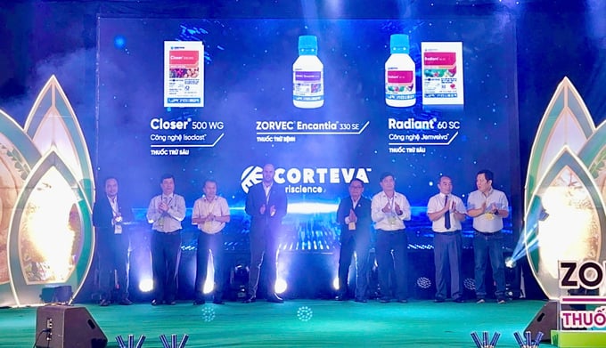 z5788004825197_e98eb15c236a79d459825172b6df8c18-173350_589.jpg Corteva ra mắt bộ 3 sản phẩm trong phòng trừ sâu bệnh để giúp cây sầu riêng phát triển bền vững. Ảnh: Quang Yên.