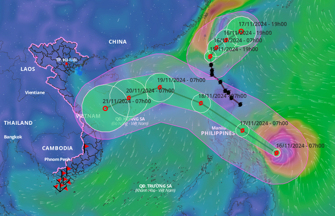 bao-manyi-170349_521.jpeg Dự báo hướng đi bão Manyi sáng 16/11. Ảnh: Hệ thống giám sát thiên tai.