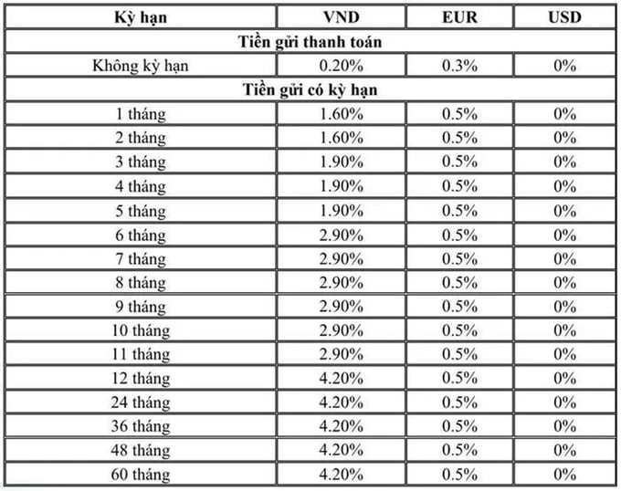 Biểu lãi suất huy động ngân hàng BIDV tháng 12/2024 dành cho khách hàng doanh nghiệp. Ảnh: BIDV.