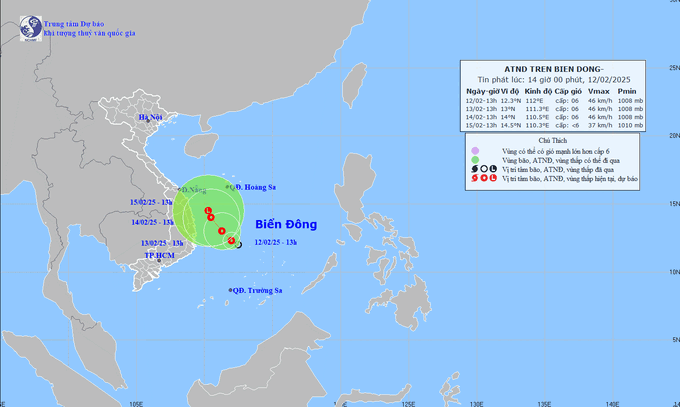 dbqg_xtnd_20250212_1400-154024_889.gif Dự báo trong 24h tới, áp thấp nhiệt đới trên di chuyển theo hướng tây bắc với tốc độ 5km/h. Ảnh: Trung tâm Dự báo KTTVQG.
