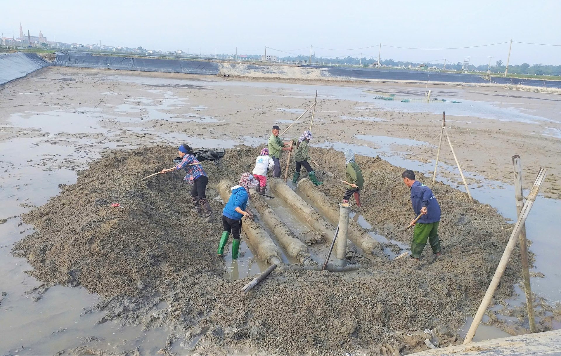 Người dân tập trung cải tạo ao nuôi chuẩn bị xuống giống vụ tôm xuân hè năm 2025. Ảnh: Thanh Nga.