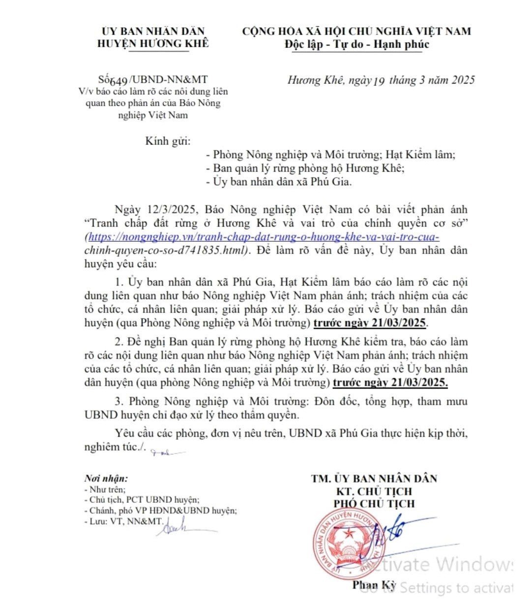 UBND huyện Hương Khê yêu cầu báo cáo giải pháp xử lý thực trạng tranh chấp đất rừng tại xã Phú Gia trước ngày 21/3. Ảnh: Thanh Nga. UBND huyện Hương Khê yêu cầu báo cáo giải pháp xử lý thực trạng tranh chấp đất rừng tại xã Phú Gia trước ngày 21/3. Ảnh: Thanh Nga.