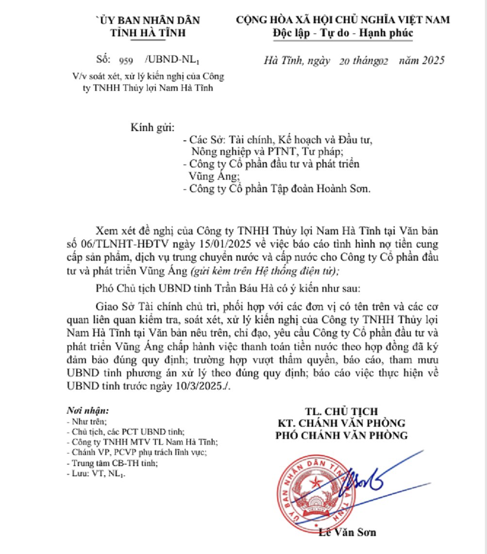 Công văn giao các sở ngành chỉ đạo Công ty Vũng Áng (Công ty CP Tập đoàn Hoành Sơn) thanh toán tiền nước theo quy định. Thanh Nga. Công văn giao các sở ngành chỉ đạo Công ty Vũng Áng (Công ty CP Tập đoàn Hoành Sơn) thanh toán tiền nước theo quy định. Thanh Nga.